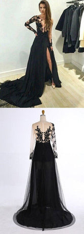 Lace Long Sleeves Side Slit Long Prom Dresses, Evening Dresses